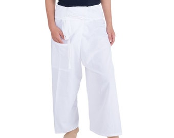 White Cotton Thai Fisherman Pants: Unisex Yoga, Dance, Festival Wear