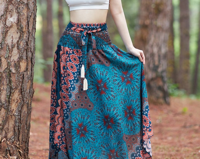 Boho Maxi Skirt: Printed Teal Rayon Long Skirt with Tassels