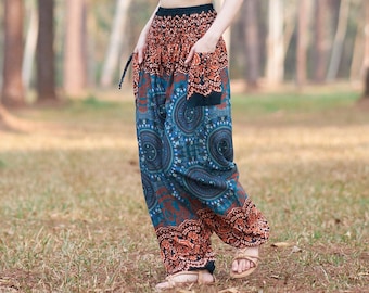 Teal Rayon Harem Yoga Pants: Smocked Waist Boho Hippie Style