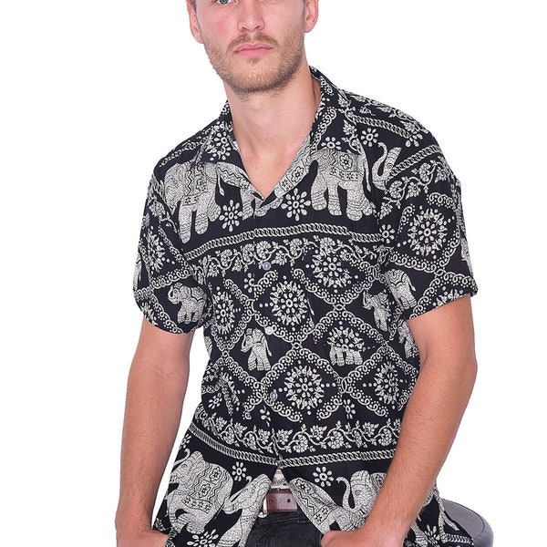 MENS BLACK SHIRT Button Up Shirt with Elephant Print Aloha Short Sleeve Casual Beach Shirt - Comfy Clothing Men