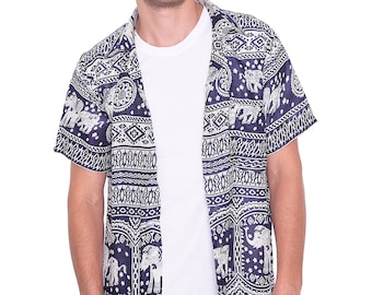 Dark Blue Elephant Hawaiian Shirt: Mens Rayon Aloha Beach Shirt