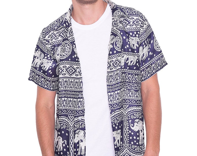 Dark Blue Elephant Hawaiian Shirt: Mens Rayon Aloha Beach Shirt