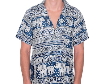 Teal Elephant Print Rayon Aloha Shirt - Lightweight Hippie Clothing