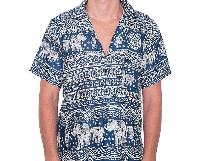 Teal Elephant Print Rayon Aloha Shirt - Lightweight Hippie Clothing
