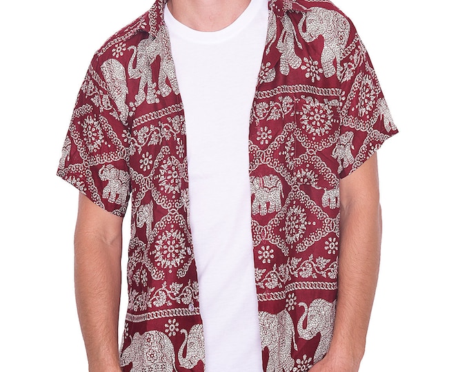 Mens Burgundy Elephant Hawaiian Shirt - Rayon Aloha Beach Shirt