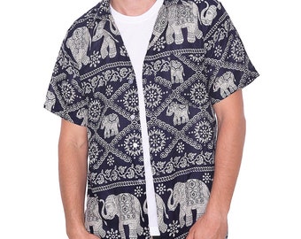 Men's Dark Blue Elephant Print Hawaiian Shirt - Rayon Aloha Shirt