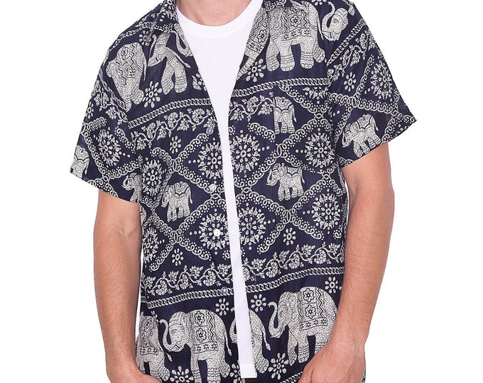 Men's Dark Blue Elephant Print Hawaiian Shirt - Rayon Aloha Shirt