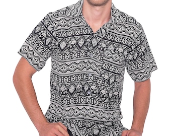 Mens Black Elephant Hawaiian Shirt: Rayon Aloha Beach Shirt