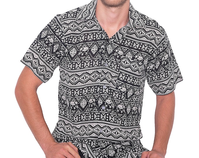 Mens Black Elephant Hawaiian Shirt: Rayon Aloha Beach Shirt