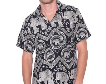 Mens Black Elephant Hawaiian Shirt: Rayon Short Sleeve Button-Up