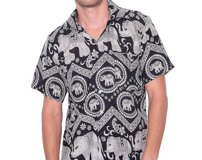 Mens Black Elephant Hawaiian Shirt: Rayon Short Sleeve Button-Up