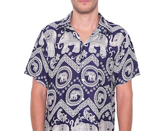 Men's Dark Blue Elephant Print Hawaiian Shirt - Lightweight Rayon Aloha Shirt
