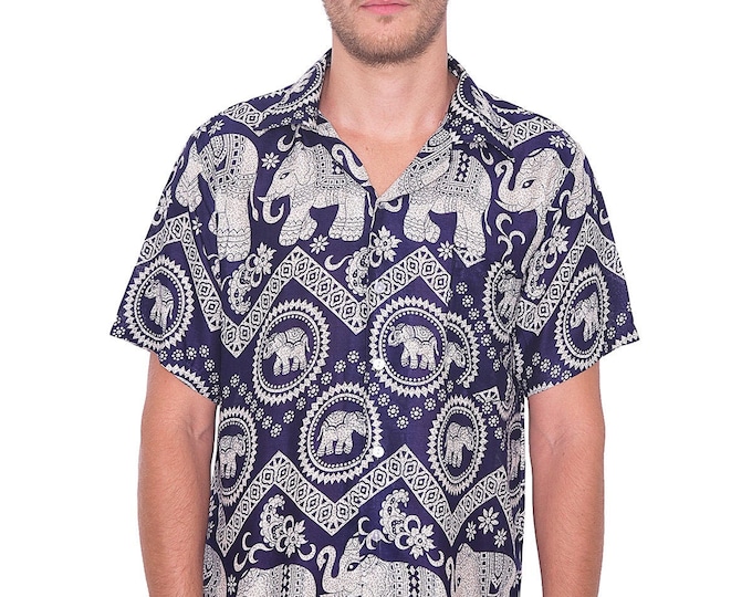 Men's Dark Blue Elephant Print Hawaiian Shirt - Lightweight Rayon Aloha Shirt
