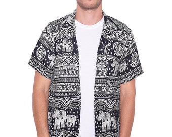 Men's Black Elephant Hawaiian Shirt: Rayon Aloha Beach Shirt