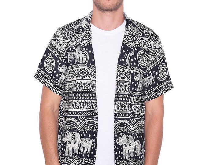 Men's Black Elephant Hawaiian Shirt: Rayon Aloha Beach Shirt