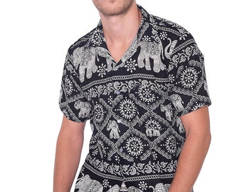 Mens Black Elephant Print Hawaiian Shirt - Rayon Aloha Beach Shirt