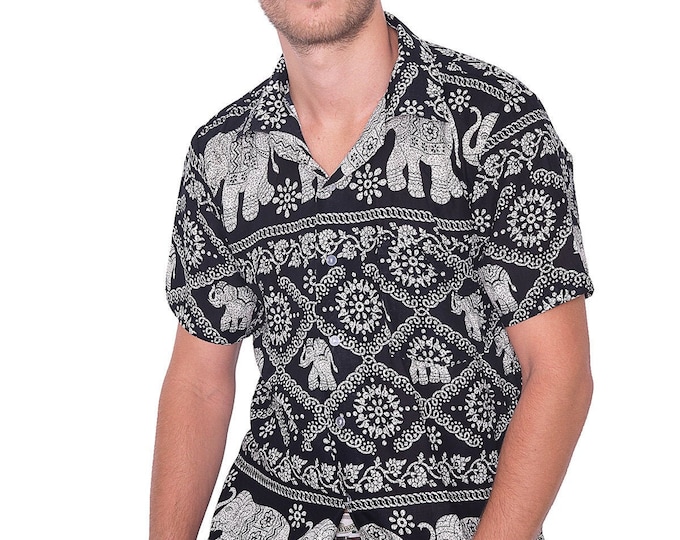 Mens Black Elephant Print Hawaiian Shirt - Rayon Aloha Beach Shirt