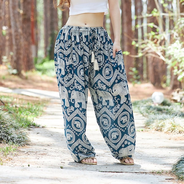 TEAL ELEPHANT PANTS - Hippie Boho Yoga Harem Pants - Festival Wear - Thailand Pants - Drawstring Waist - Plus Size Pants - Bohemian Style