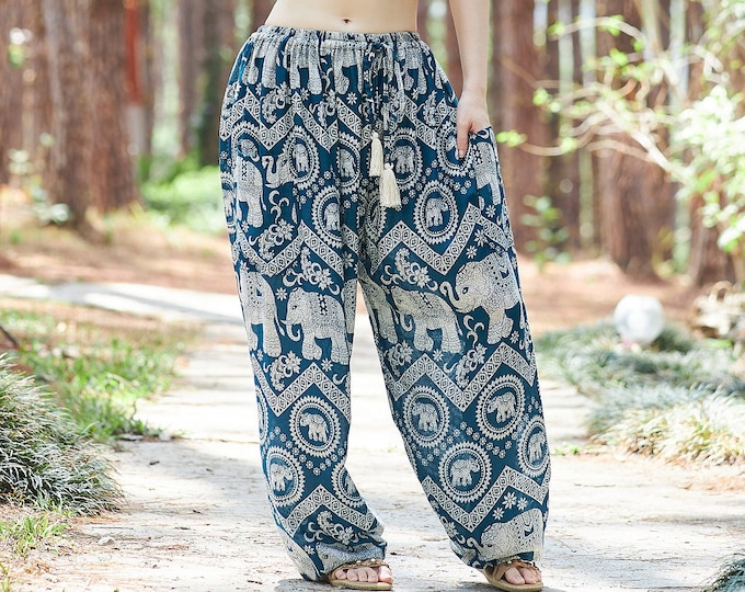 Teal Elephant Harem Pants: Handmade Rayon Boho Yoga Trousers