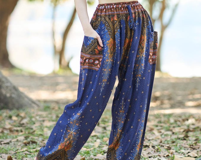 Dark Blue Harem Pants Women’s Yoga Trousers – Soft Rayon Relaxed Fit – Boho Pants with Elastic Waist and Drawstring – Pants with 2 Pockets