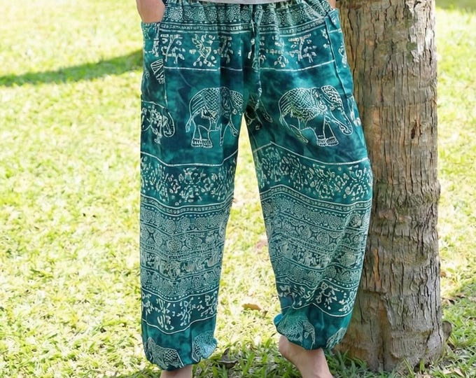 Men’s Teal Elephant Harem Pants – Boho Lounge Pants – Flowy Rayon Yoga Trousers – Elastic Drawstring Waist – Pockets – Festival Hippie Wear