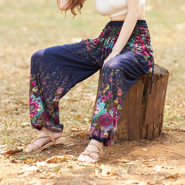 Blue Harem Pants for Women - Lounge Yoga Boho Pants - Beach Pants for Summer - Petite to Plus Size Pants with Two Pockets