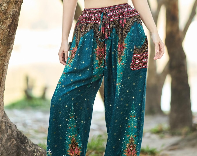 Teal Hippie Harem Pants for Women’s Lounge Boho Trousers – Elastic Waist with Drawstring and 2 Pockets – Lightweight Everyday Wear Clothing