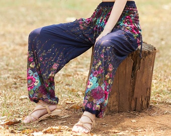 Blue Harem Pants for Women - Lounge Yoga Boho Pants - Beach Pants for Summer - Petite to Plus Size Pants with Two Pockets