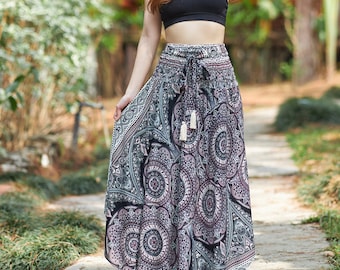 Black and White Maxi Skirt: Rayon Bohemian Hippie Dress