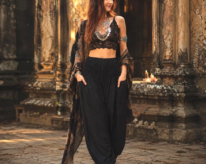 Black Gothic Harem Pants Ideal Adult Halloween Costume - Genie Pants For Fortune Teller Costume - Boho Pirate Pants Fall Fashion Clothing
