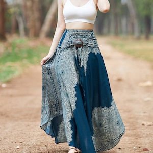 Teal Mandala Maxi Skirt: High Waisted Boho Rayon Skirt