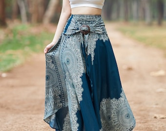 Teal Mandala Maxi Skirt: High Waisted Boho Rayon Skirt