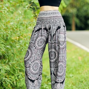 Mandala Print Boho Pants for Women - Flowy Smocked Waist Yoga Pants Hippie Girls - Genie Aladdin Hippy Pants - Fall Harem Pants