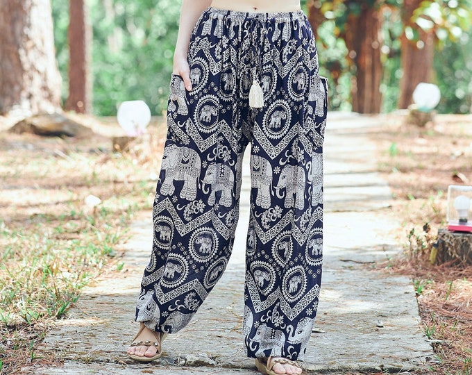 Dark Blue Elephant Print Harem Pants: Boho Rayon Yoga Trousers