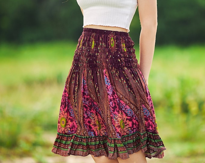 Red Floral Print Boho Skirt: Ruffle Rayon Mini Skater Skirt
