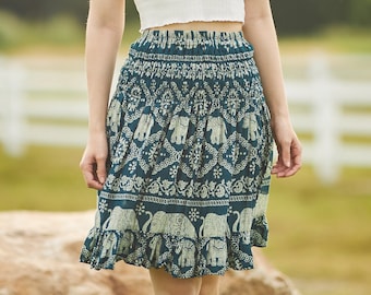 Elephant Print Boho Skirt: High Waisted Rayon Skater Skirt