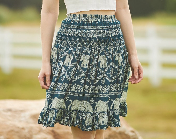 Elephant Print Boho Skirt: High Waisted Rayon Skater Skirt
