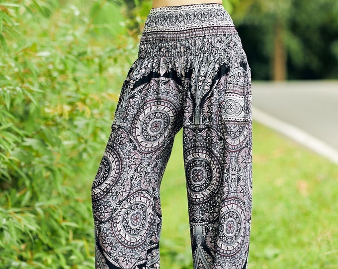 Mandala Print Harem Pants: Boho Smocked Waist Rayon Yoga Trousers