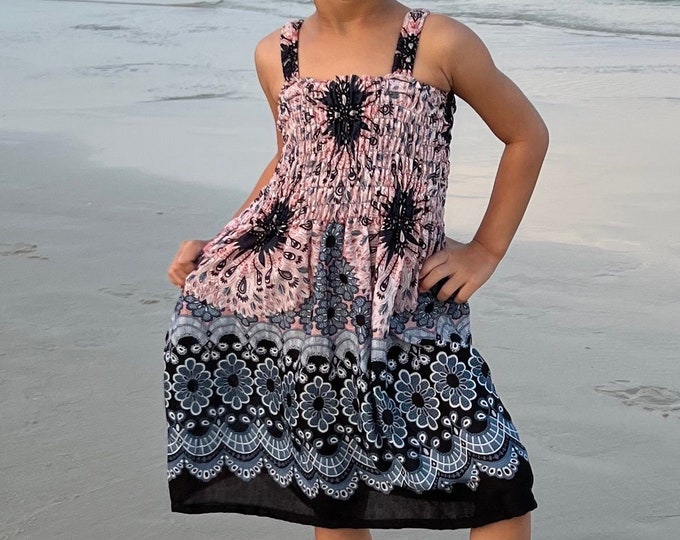 Girls' Black & White Mandala Dress: Lightweight Rayon Boho Summer Dress