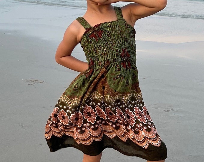Girls' Green Mandala Dress: Boho Rayon Summer Beach Cover-Up