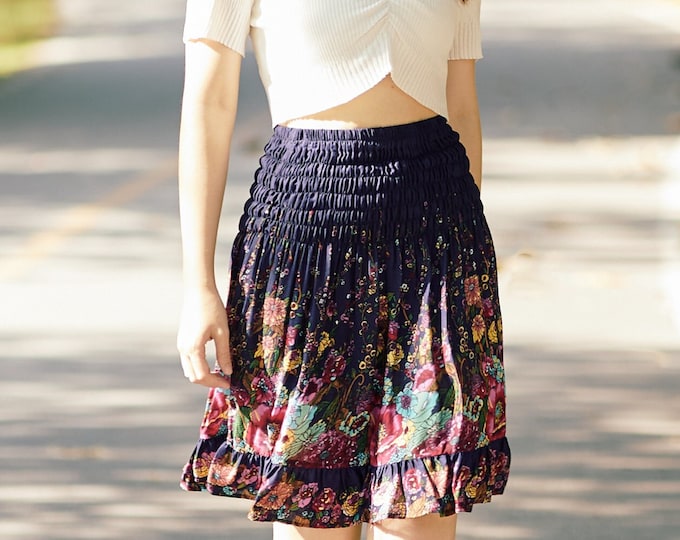 Dark Blue Floral Skater Skirt: Rayon Boho Hippie Dress