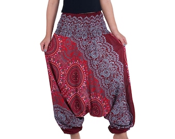 Red Rayon Harem Pants: Flowy Boho Jumpsuit - US Size 0-12