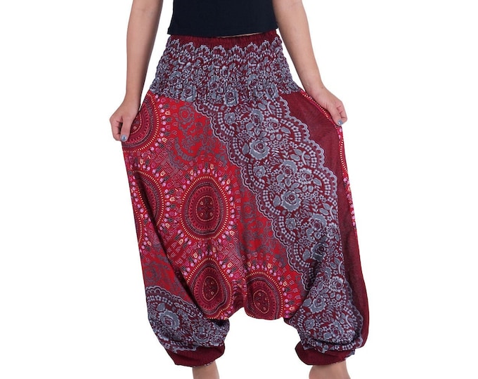 Red Rayon Harem Pants: Flowy Boho Jumpsuit - US Size 0-12