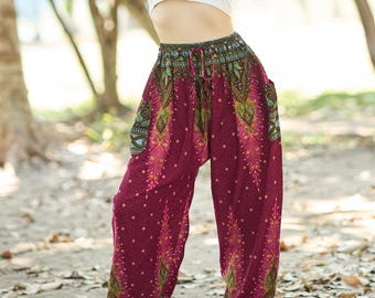 Burgundy Harem Pants for Womens Boho Trousers – Soft Rayon Lounge Style – Elastic Waist with Drawstring and 2 Pockets – Relaxed Comfy Fit