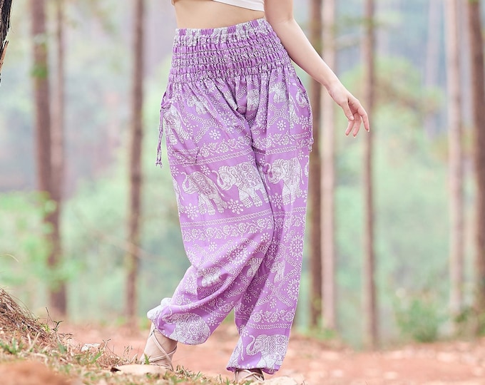Elephant Harem Pants: Purple Boho Yoga Trousers with Pockets