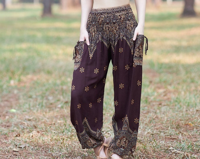 Brown Rayon Harem Pants: Boho Hippie Style Flowy Trousers