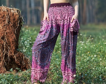 Boho Hippie Harem Pants with Pockets - Smocked Shirred Waist Yoga Thai Pants - Rayon Festival Trousers for Summer