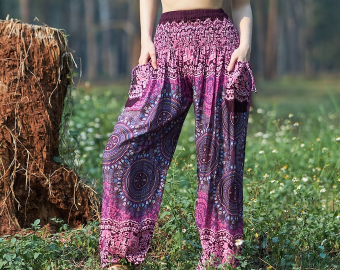 Handmade Rayon Harem Pants: Smocked Waist Yoga Festival Trousers