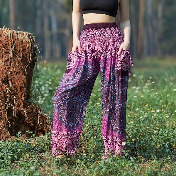 Pantalons de yoga pour femmes Sarouel à taille smockée - Pantalons Genie Aladdin - Vêtements hippies pour l'été - Pantalon festival fluide avec poches