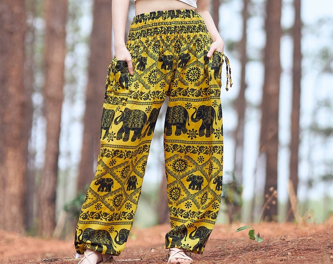 Yellow Elephant Harem Pants: Rayon Boho Yoga Trousers with Pockets